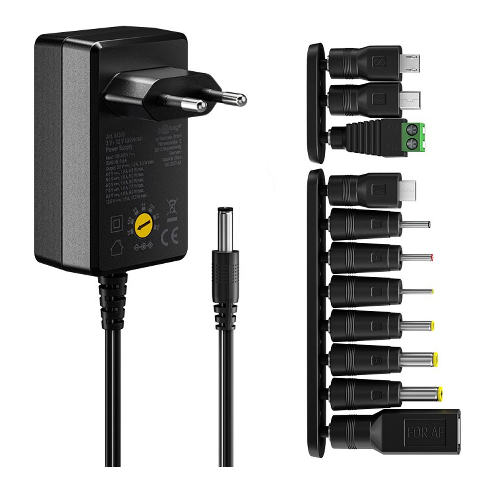 Nätdel 3-12V, 2,25A, 11 adaptrar